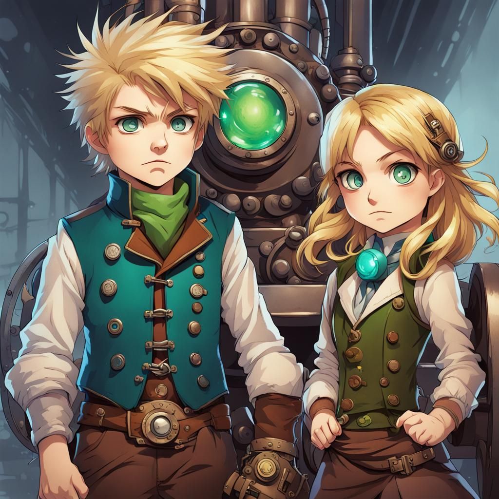 Angry Anime Children with Steampunk Engine
