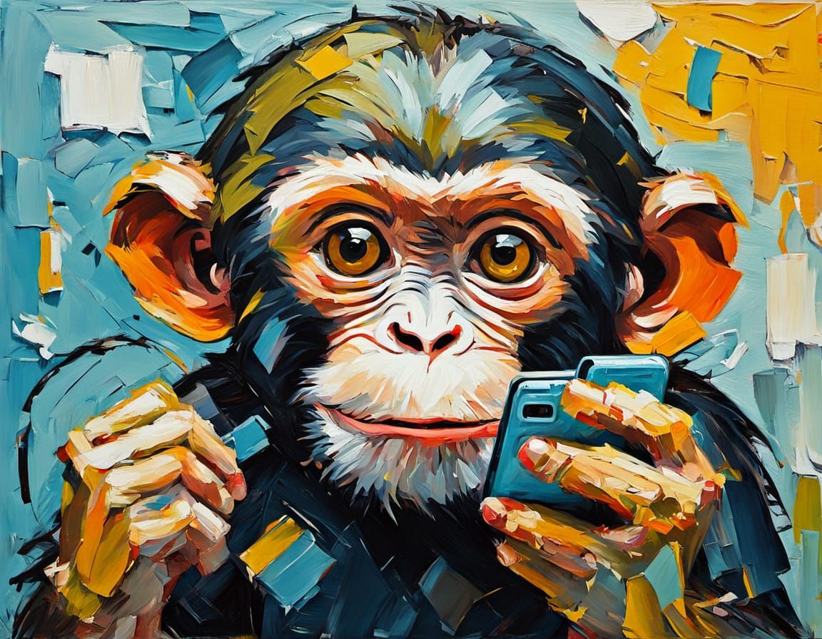 Monkey with Cellphone as Impasto Oil Painting