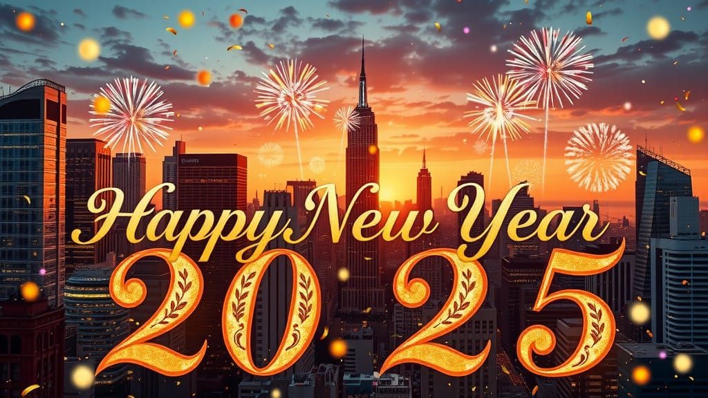 Golden Fireworks Illuminate Futuristic Cityscape Celebration