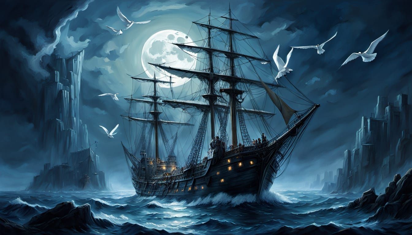Elven Ships Arrive Under Pale Moonlit Sky