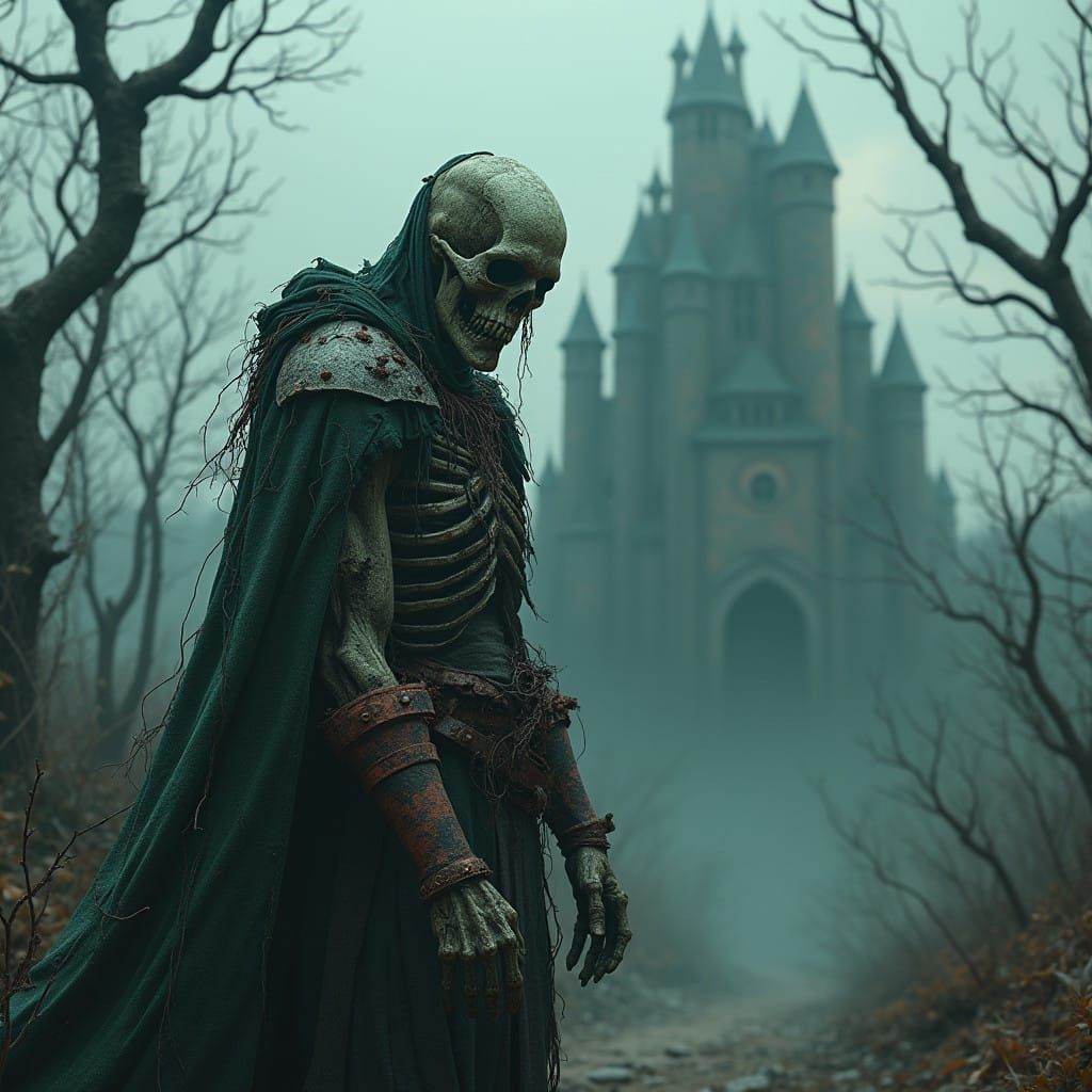 Medieval Fantasy Undead Figure in Desolate Landscape