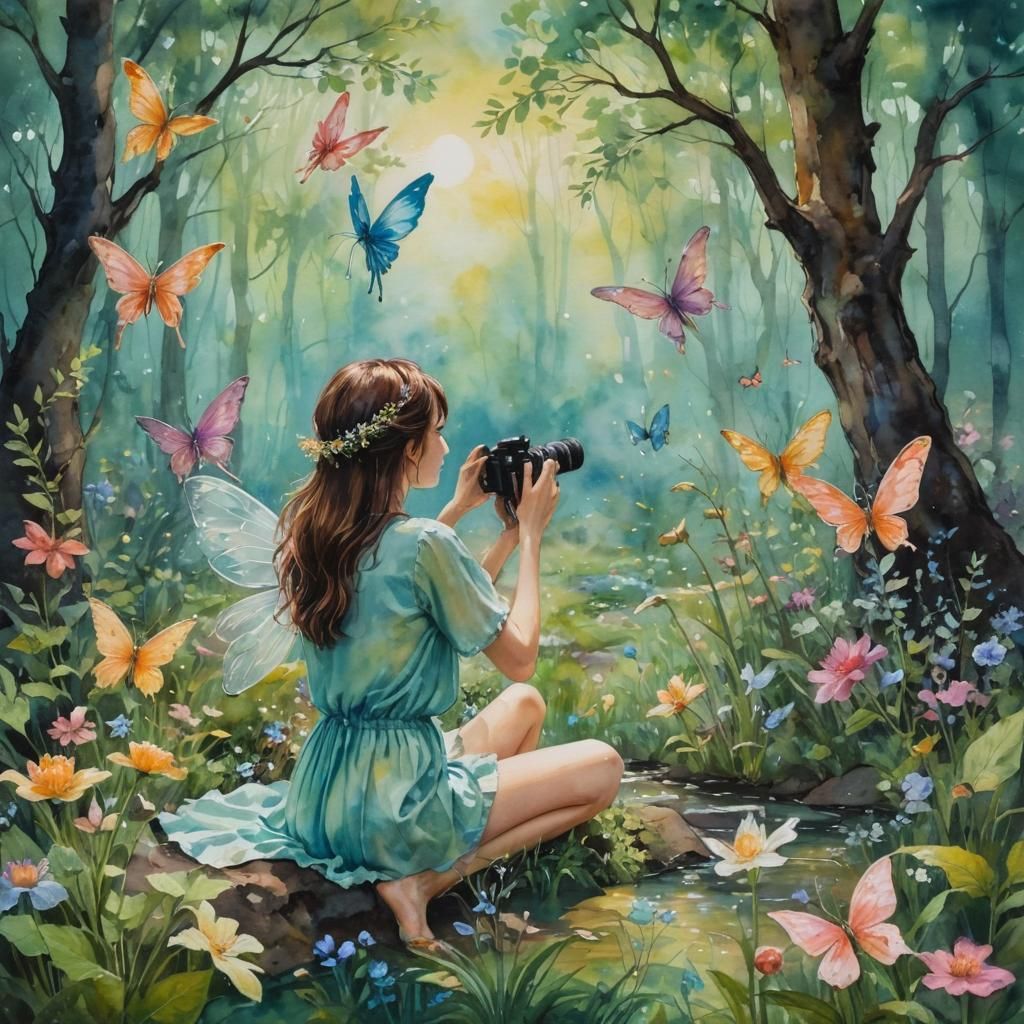 Woman Photographing Fairies in Gouache Style