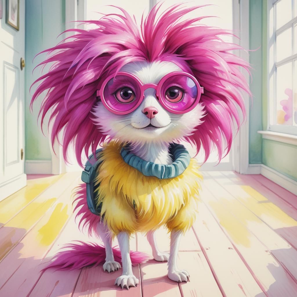 Create an image of a whimsical, animated character with vibrant fuchsia hair that sticks out wildly in all directions