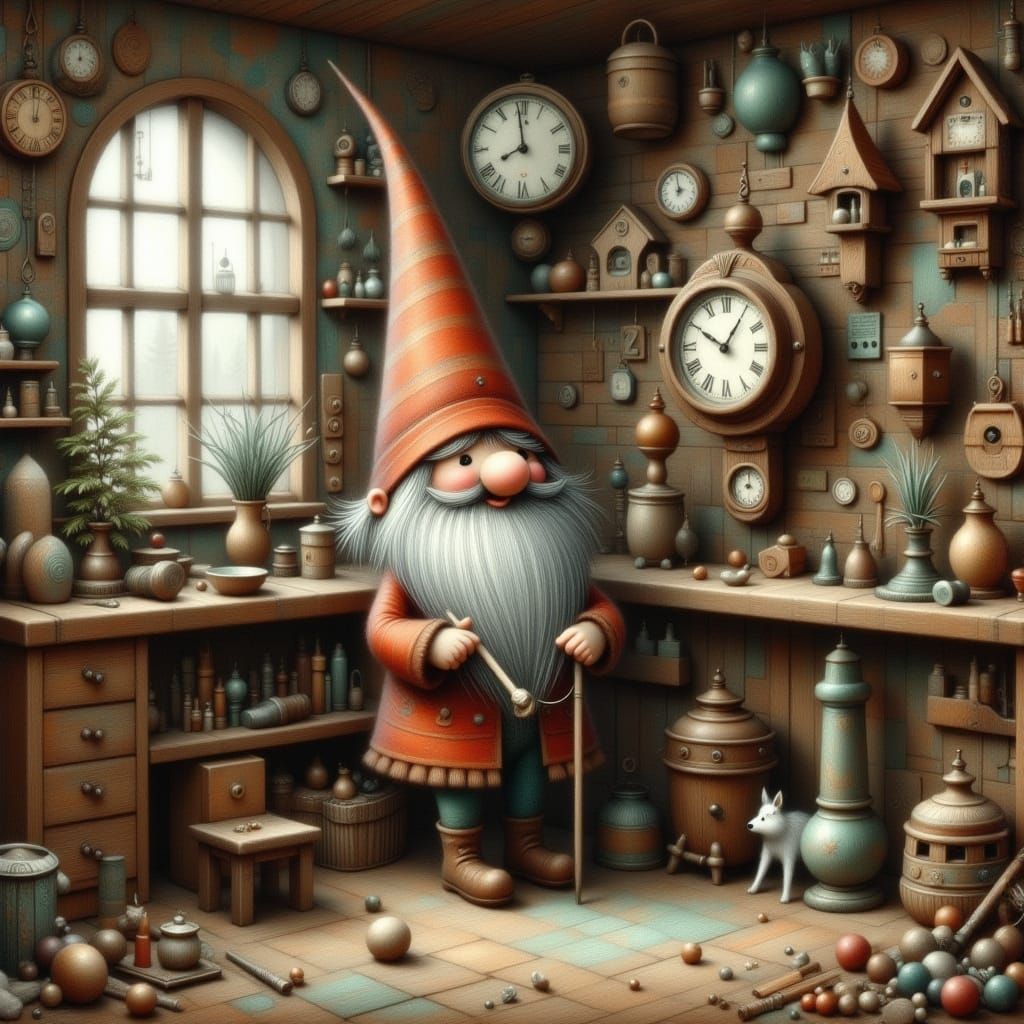 Gnome Clockmaker in Cozy Workshop