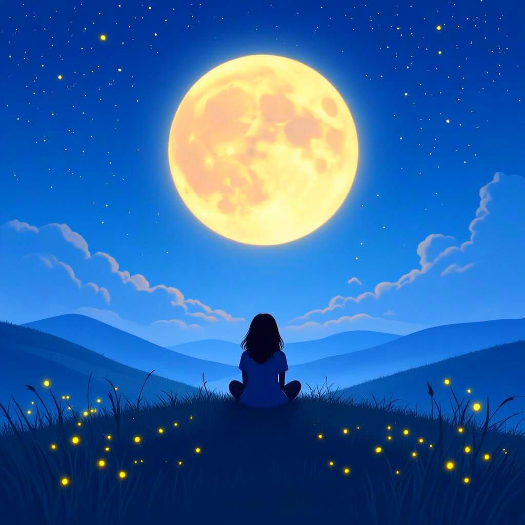Girl Under Giant Glowing Moon in Storybook Style