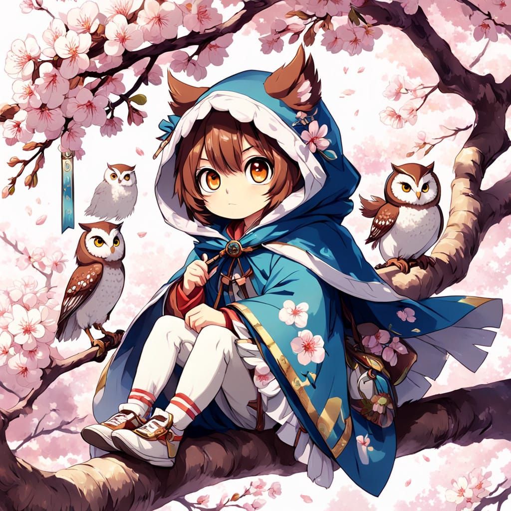 Whimsical Anime-Style Owl Baby Amidst Cherry Blossoms