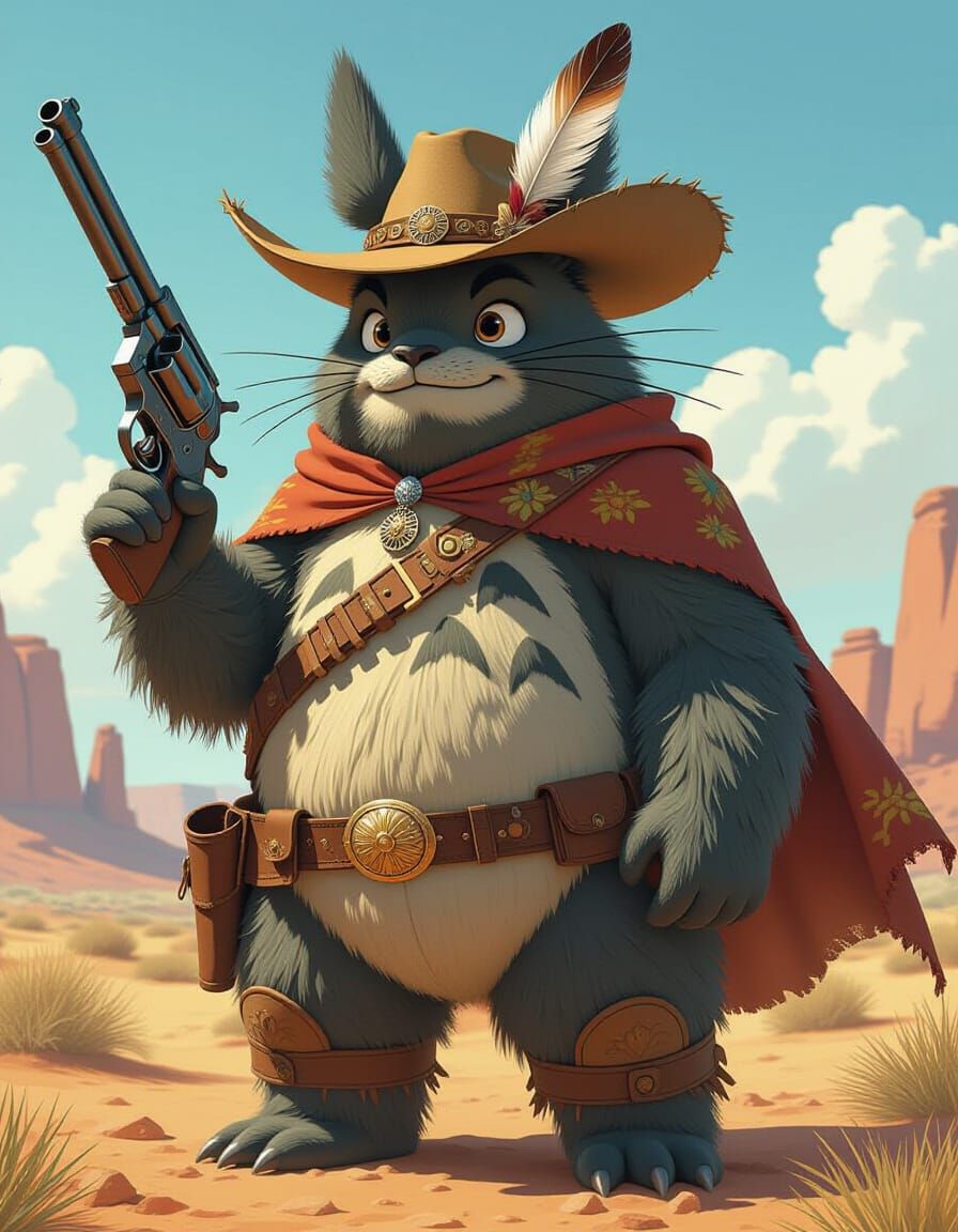 Totoro Cowboy Wields Engraved Revolver in Desert Landscape