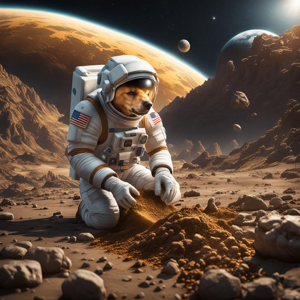 Astronaut Golden Retriever Eats Earth: Detailed Matte Painti...