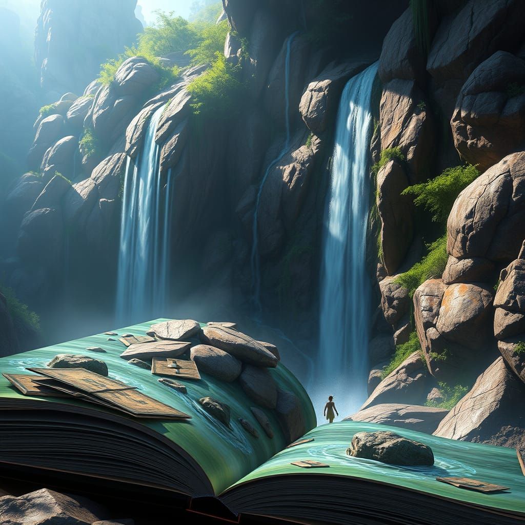 Waterfall Flowing from Open Book: Fantasy Art