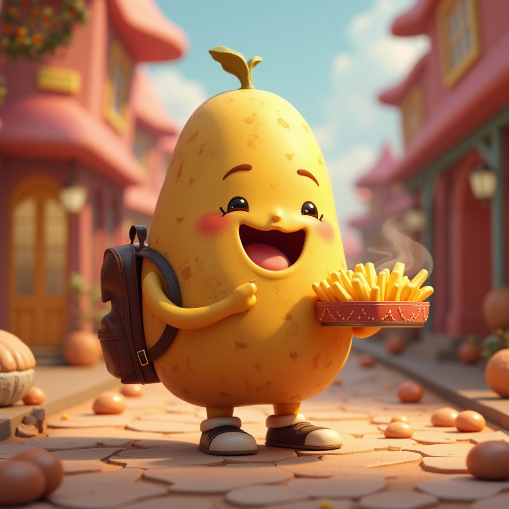 Smiling Potato Mascot Student Enjoys Fries