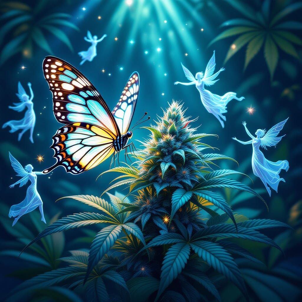 Bioluminescent Butterfly Dances Amidst Crystal Cannabis in V...