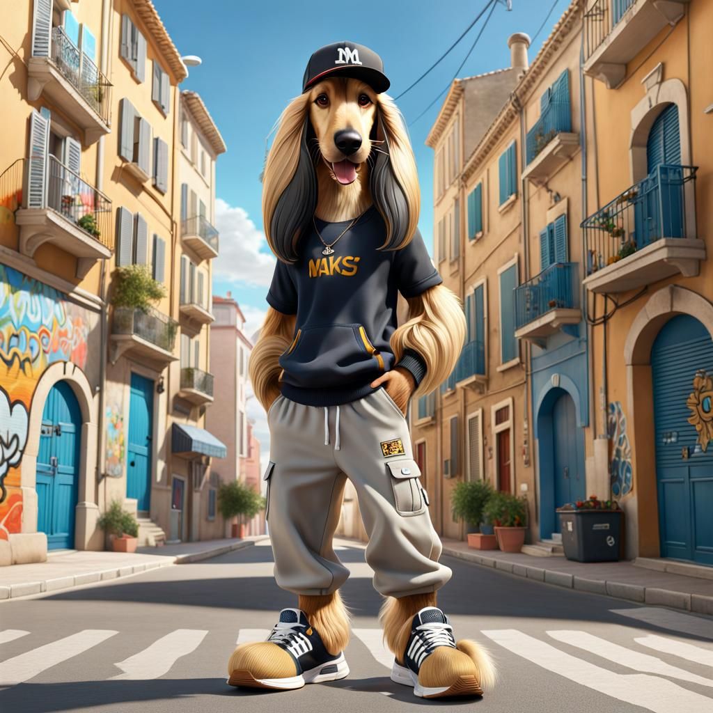 3D Disney-style Afghan Hound character with light golden fur, dressed in casual streetwear (sneakers, jogging pants, cap...