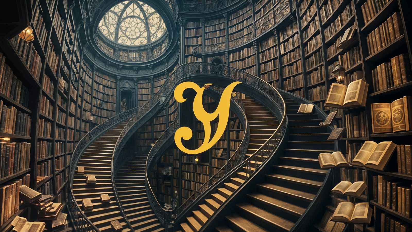 Surreal Library Labyrinth in Steampunk Style