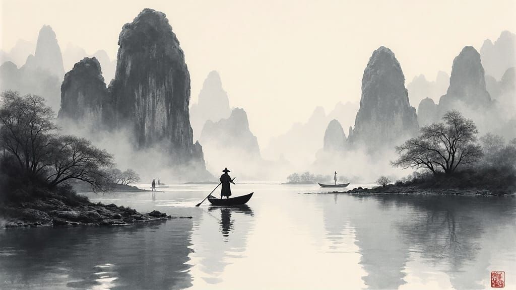 Elegant Chinese Boats on Serene Riverbank, Traditional Water...