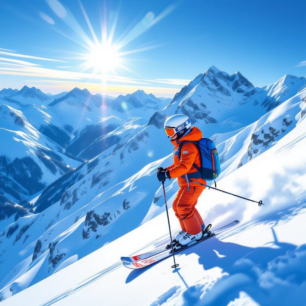 Boy in Windsuiit Ready for Skiing Down Mountain