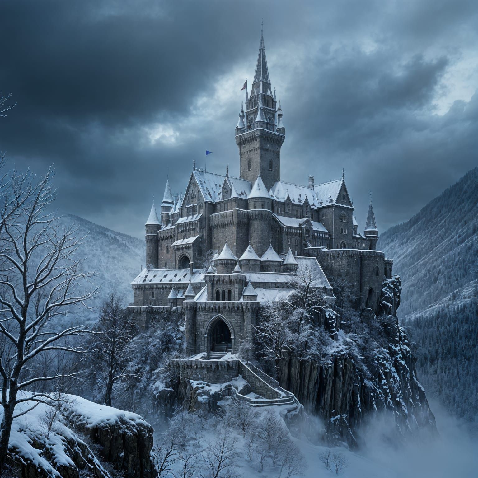 Medieval Castle on Cliff in Winter, Hyperrealistic Style