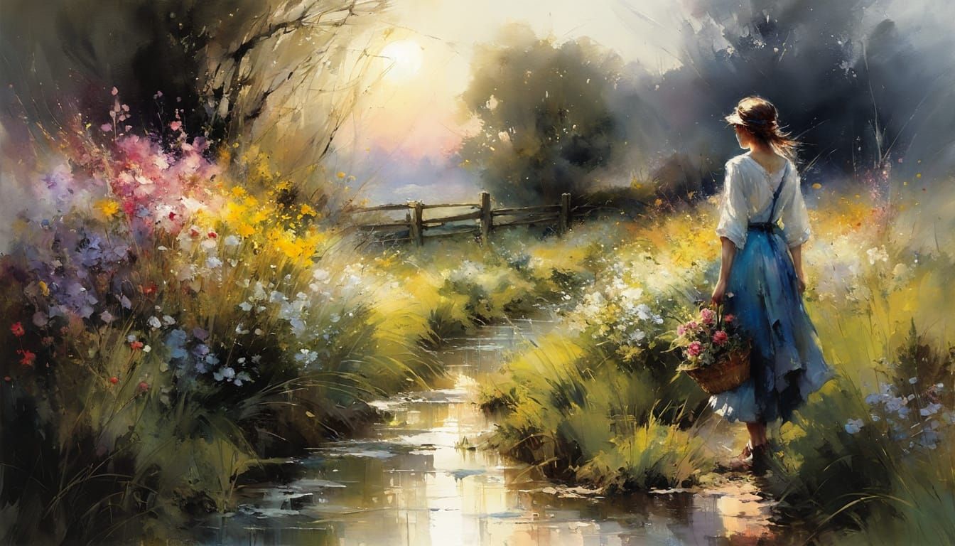 Spring Sunrise Over English Countryside Watercolor