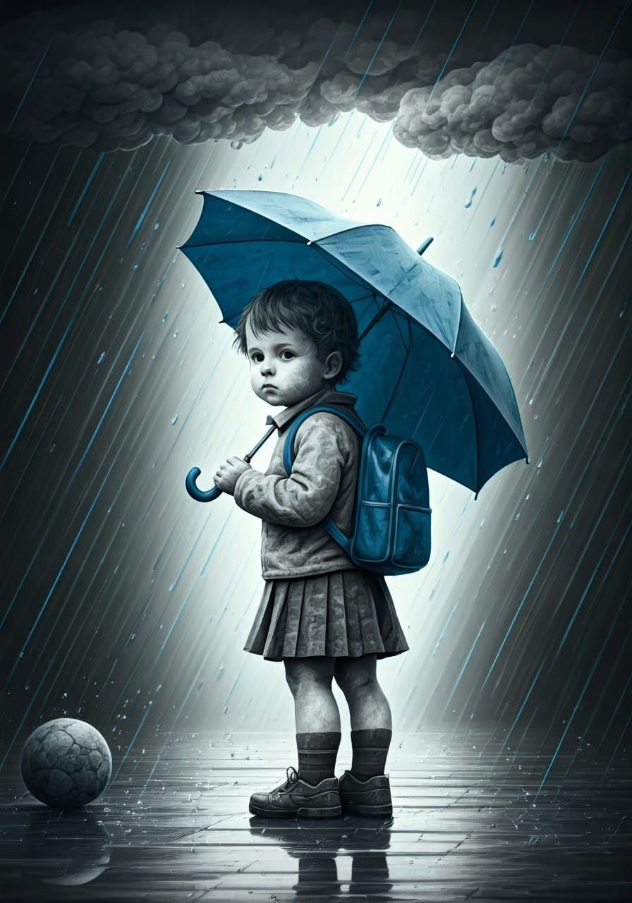 Vibrant Toddler on a Rainy Day in 3D Pencil Art