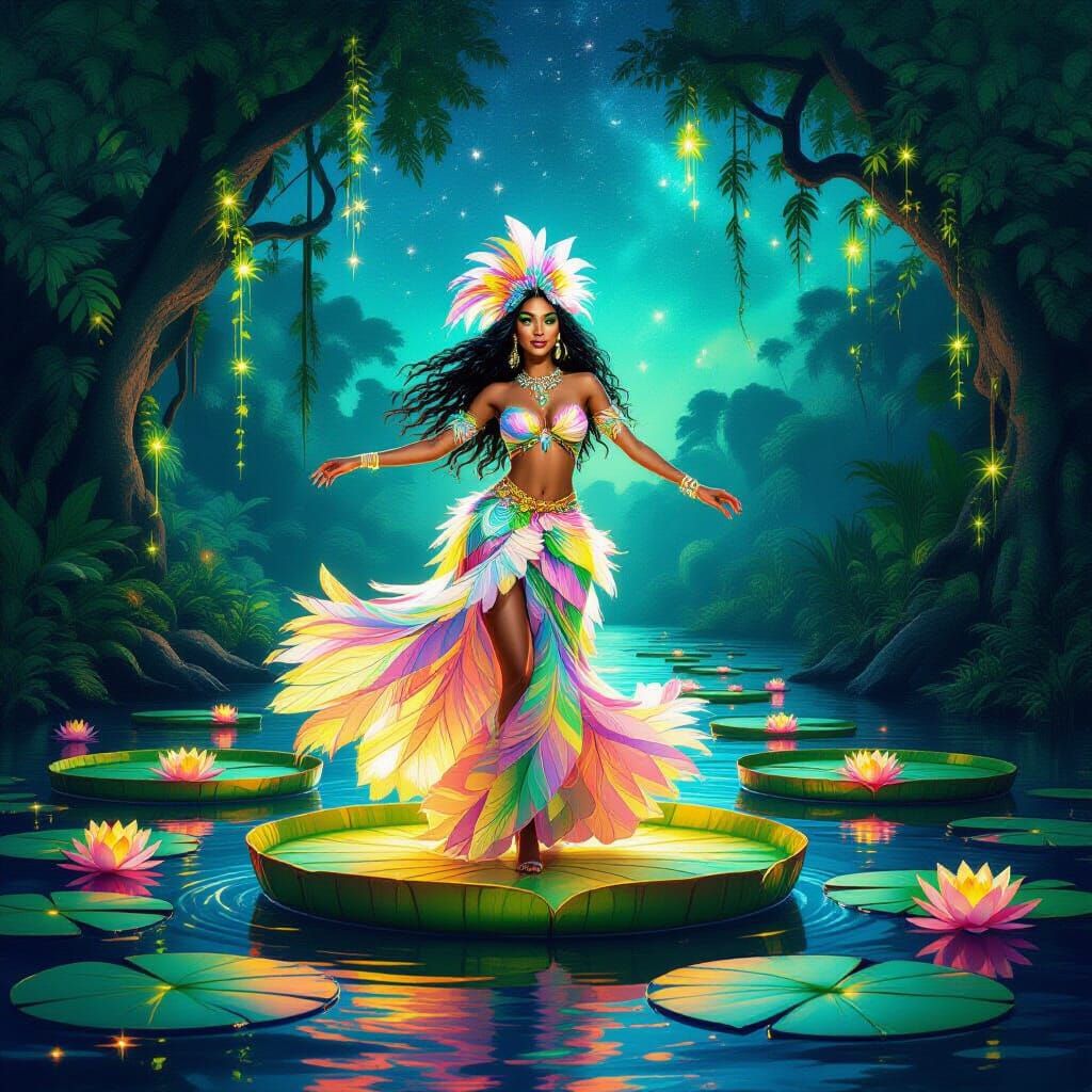 Radiant Woman Dancing on Lily Pads in Bioluminescent Jungle