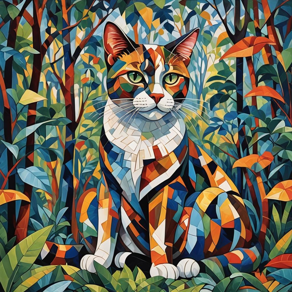 Neo-Cubist Cat Made of Sweets in Tropical Forest