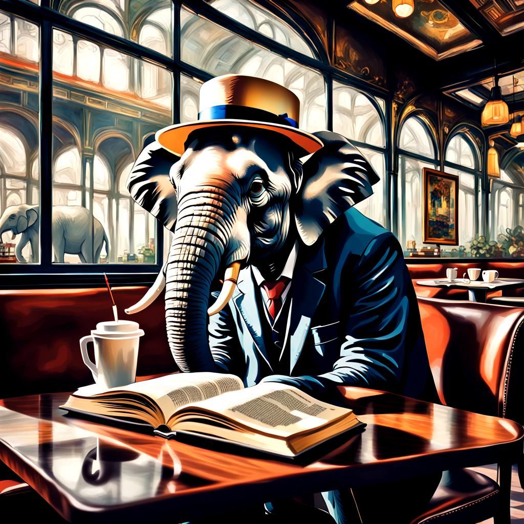 Elephant Reader in Café: Monet-Inspired Futuristic Scene