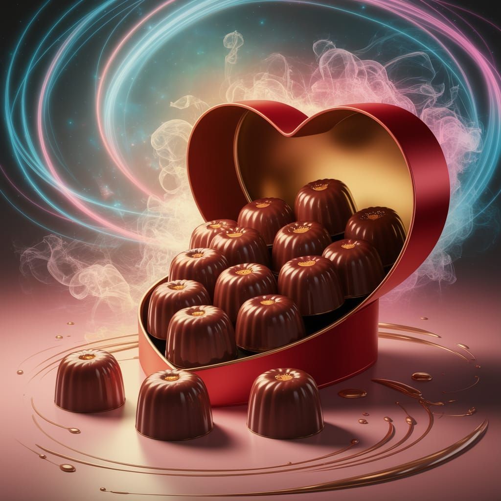 Chocolates Spill from Heart Box in Impressionistic Scene