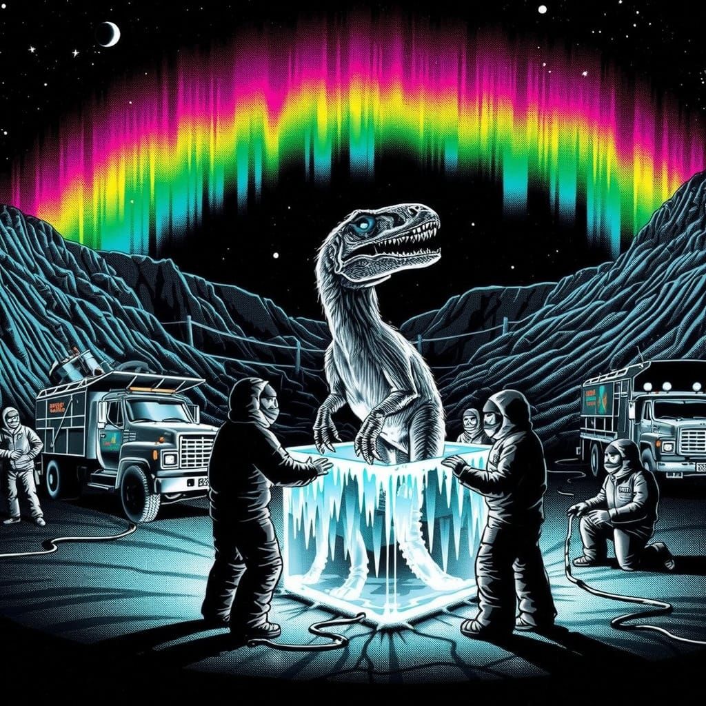 Blacklight Poster: Velociraptor Unearthed in Icy Block