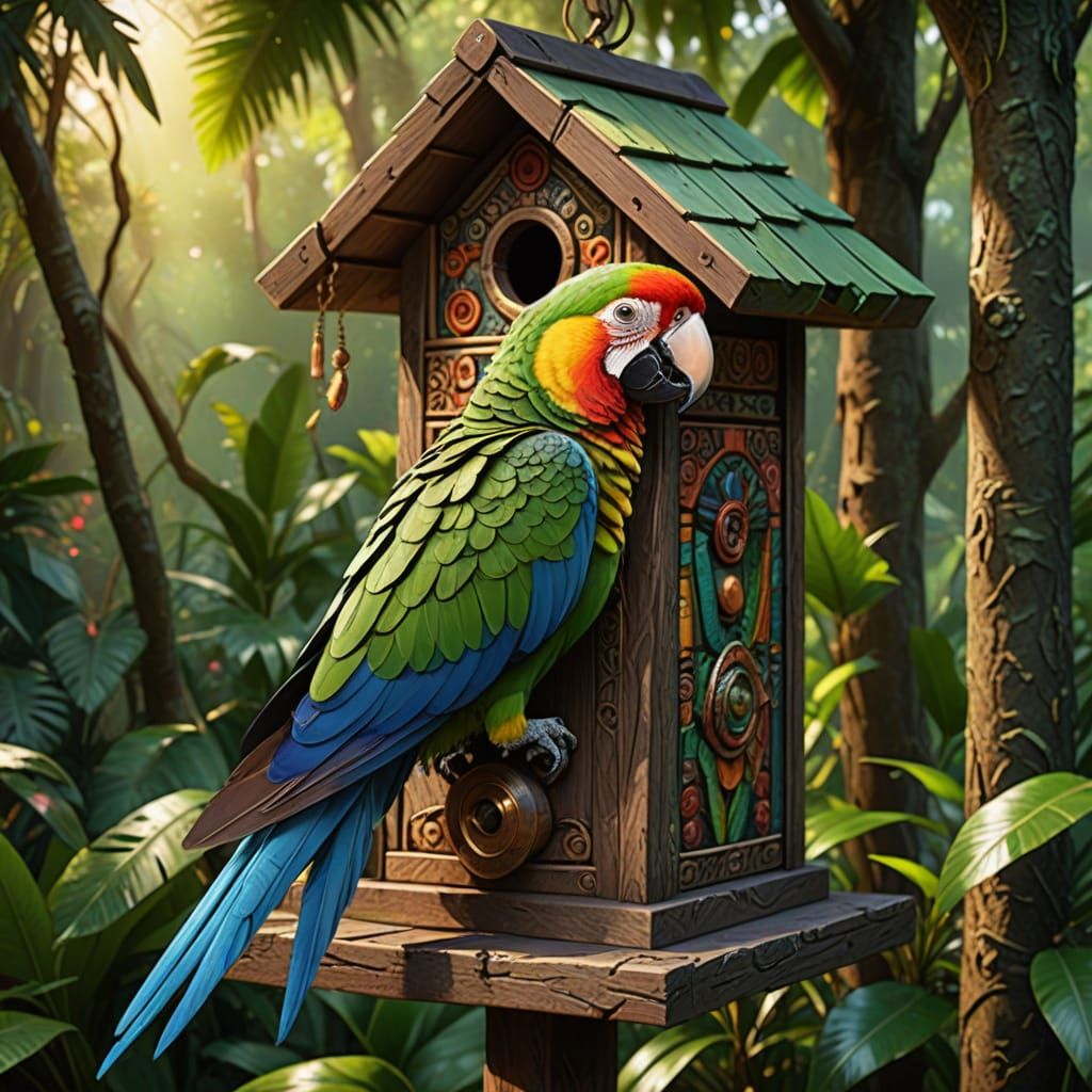 Colorful Parrot Enters Mayan Temple Birdhouse