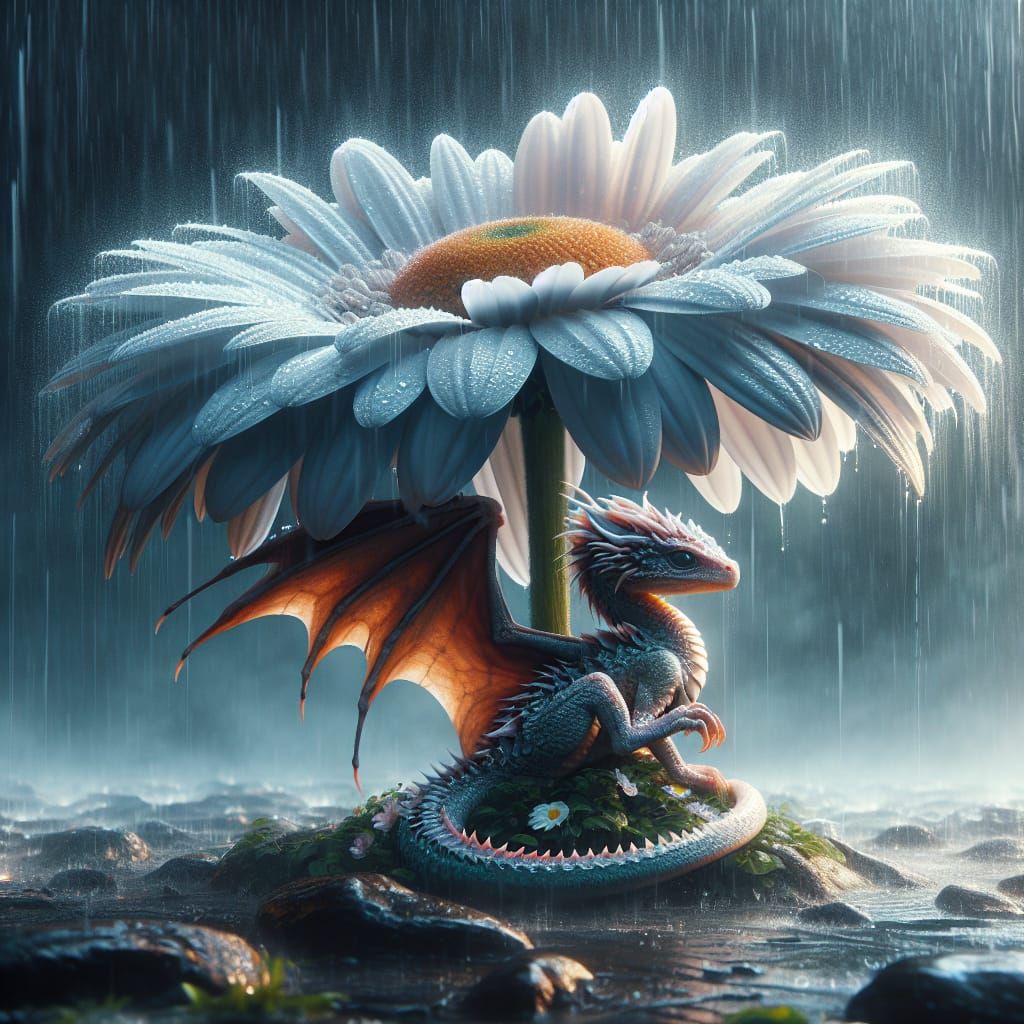 an adorable baby dragon with scales reminiscent of snowdrops sitting under a large beautiful daisy flower in the heavy r...