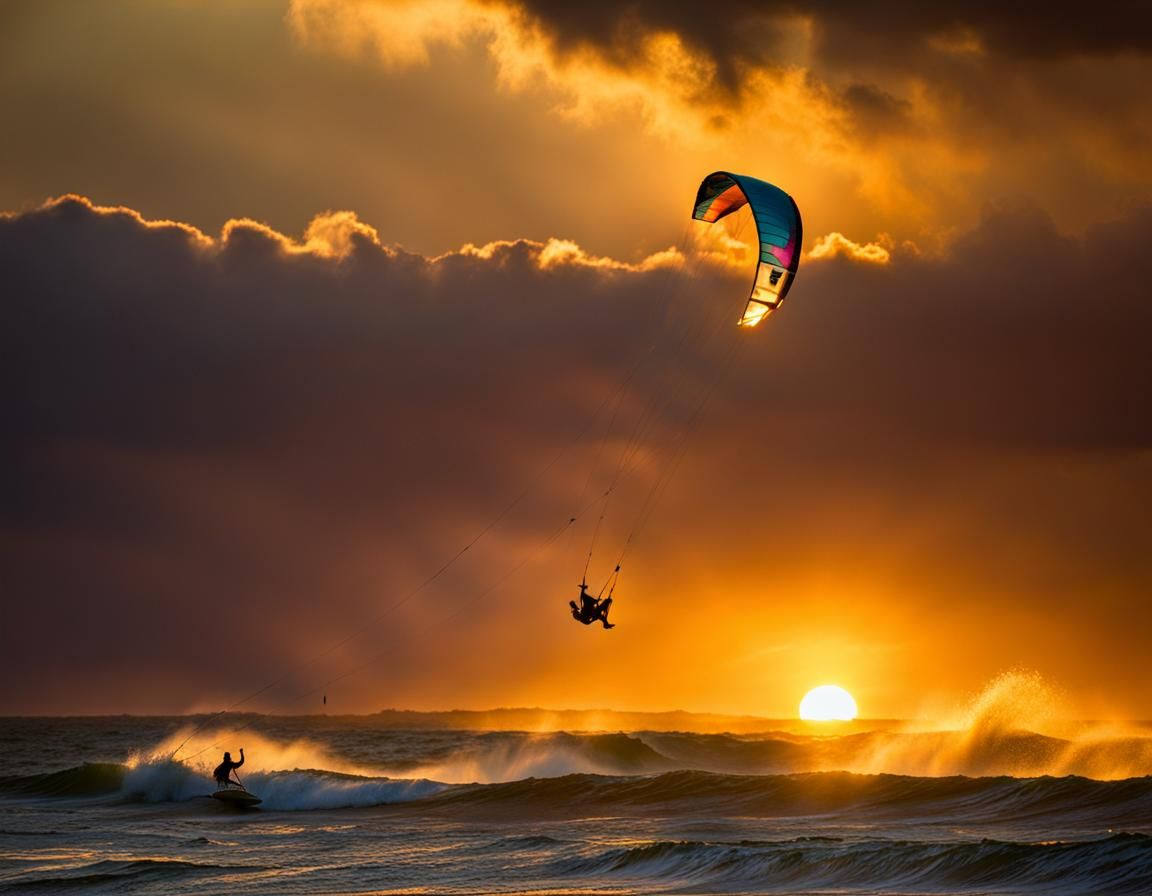 Kite Surfing at Sunset in Keever Style