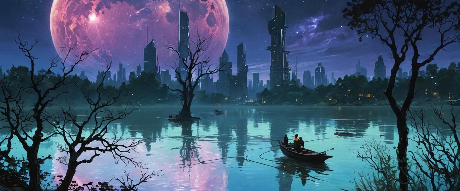 Fishing in a Sci-Fi City Lake Painting