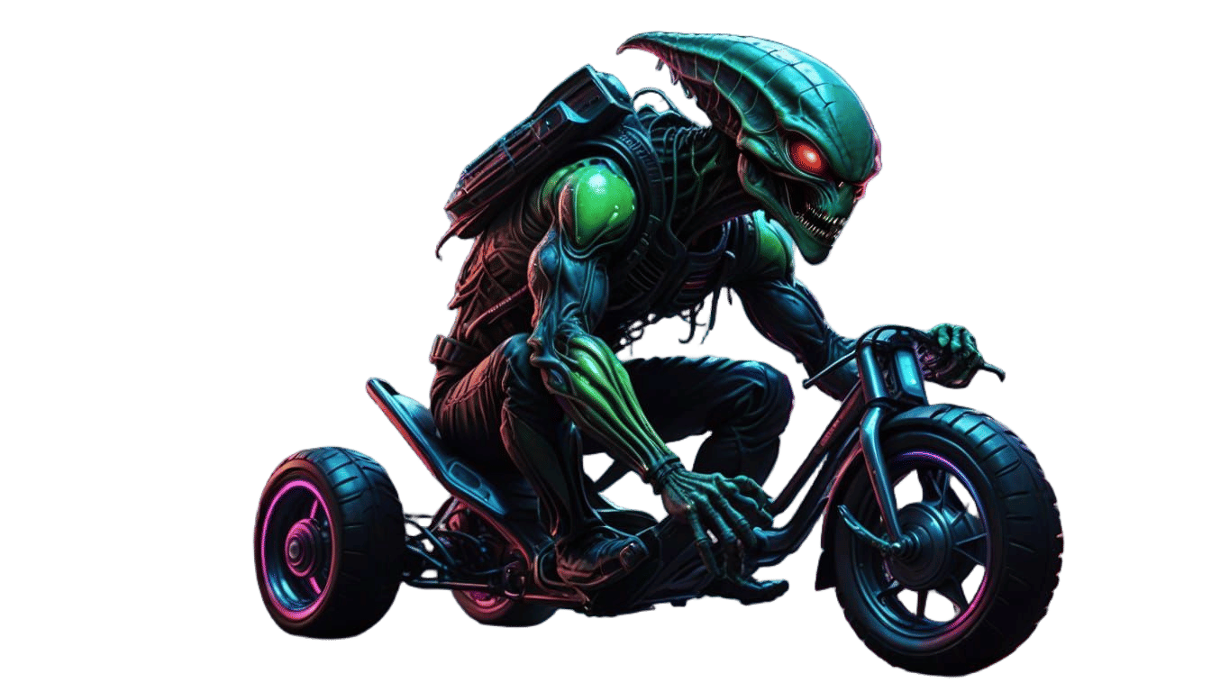 Ethereal Alien Faces Frustration on Vibrant Tricycle
