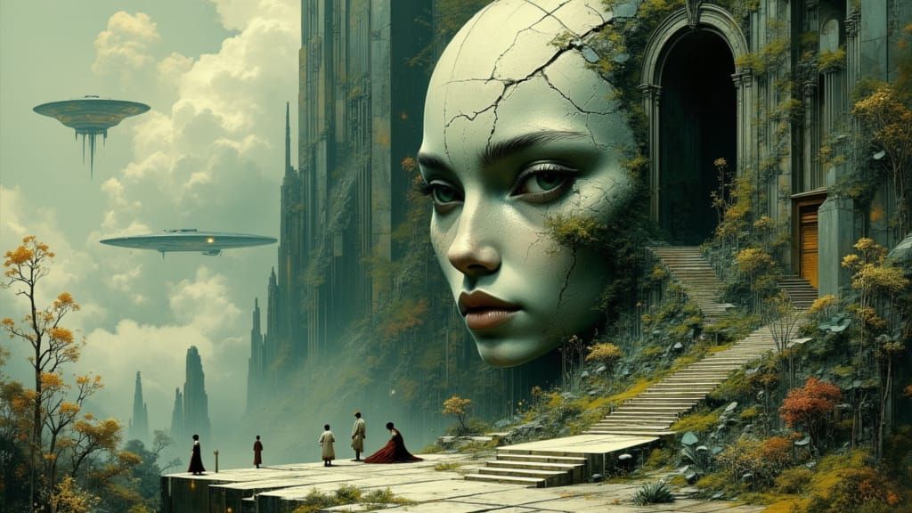 Alien Jungle Exploration of Ancient Stone Head