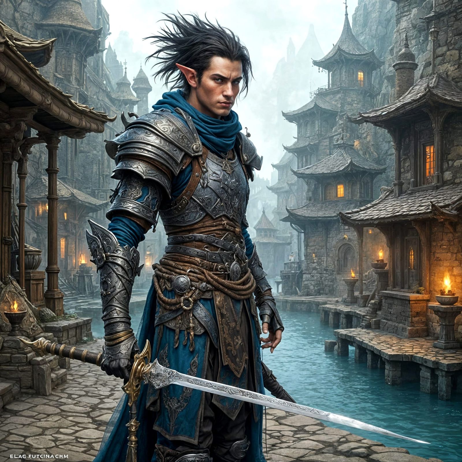 Elven Rogue Patrolling Medieval Docks