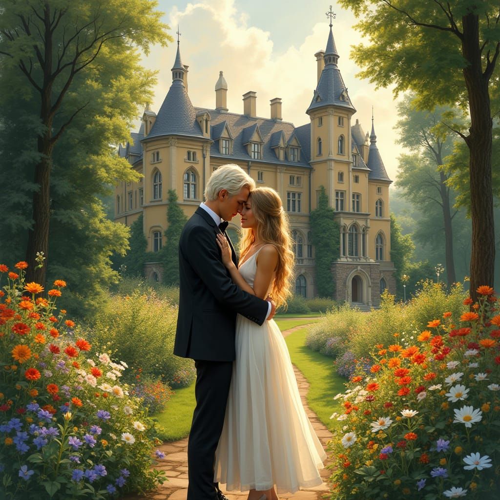 Refined Wizarding Couple Embraced in Whimsical Garden Settin...