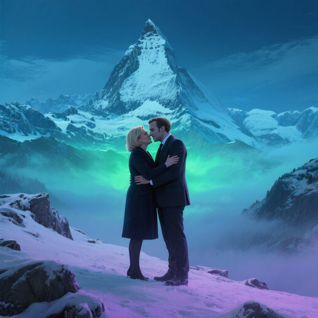 Macron and Le Pen Embrace on Monte Bianco in Cool Tones