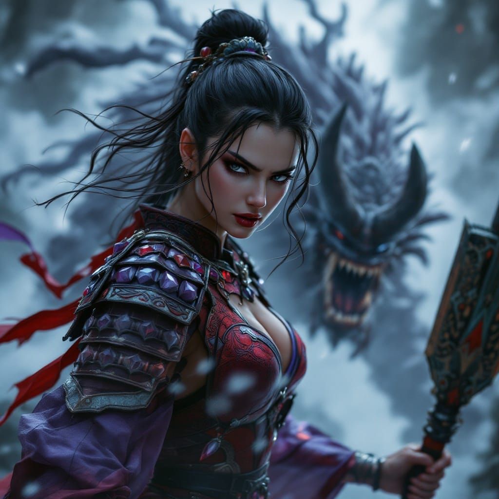 Regal Warrior in Crimson Samurai Armor Confronts Oni on Mist...