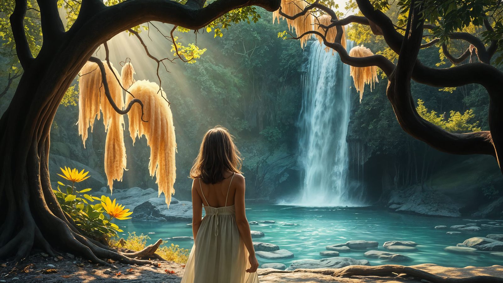 Teenage Girl in Mystical Grove with Waterfall