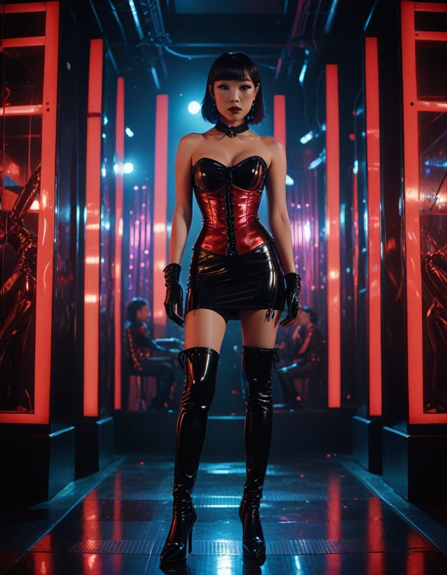 Elegant Japanese Woman in Vibrant Nightclub