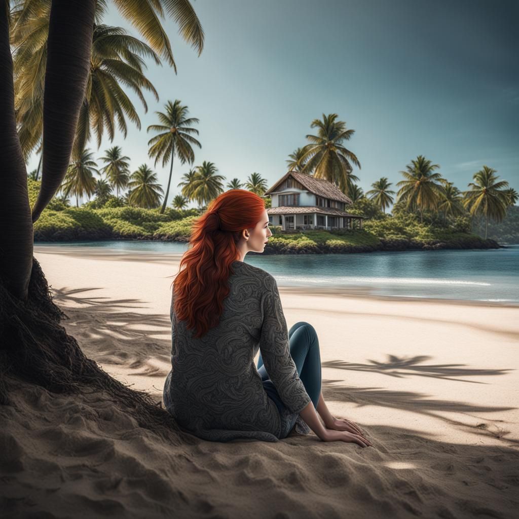 Redhead Woman Watching Sea Under Coconut Tree