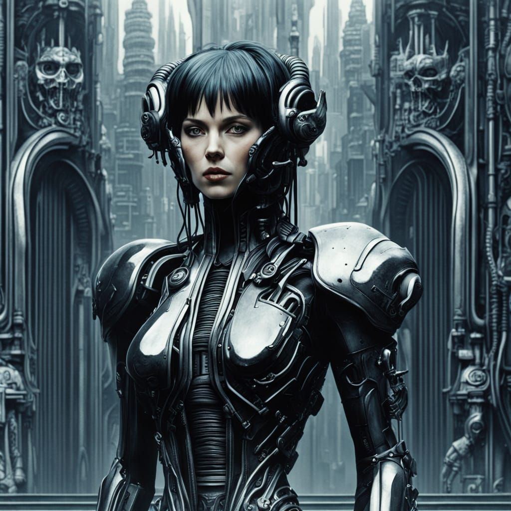 Cyberpunk Policewoman in Neon Cityscape