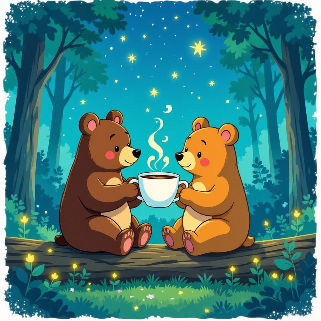 Bears Share Coffee Under Starry Bioluminescent Sky
