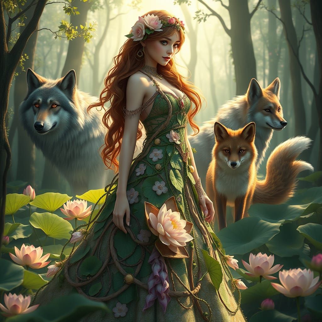 Ethereal Forest Goddess in Lotus Gown, Surrounded by Woodlan...