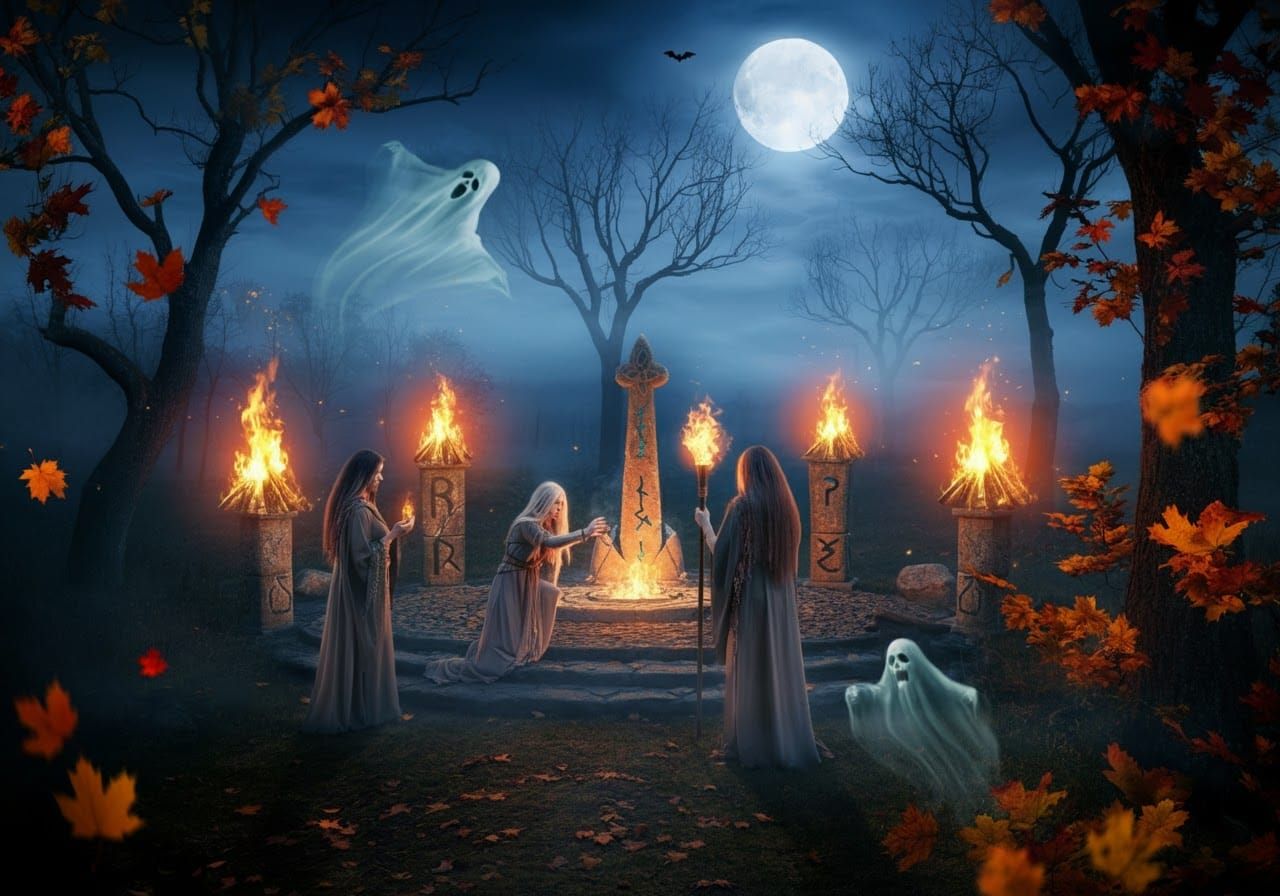 Celtic Samhain Ritual Under a Misty Moonlit Sky