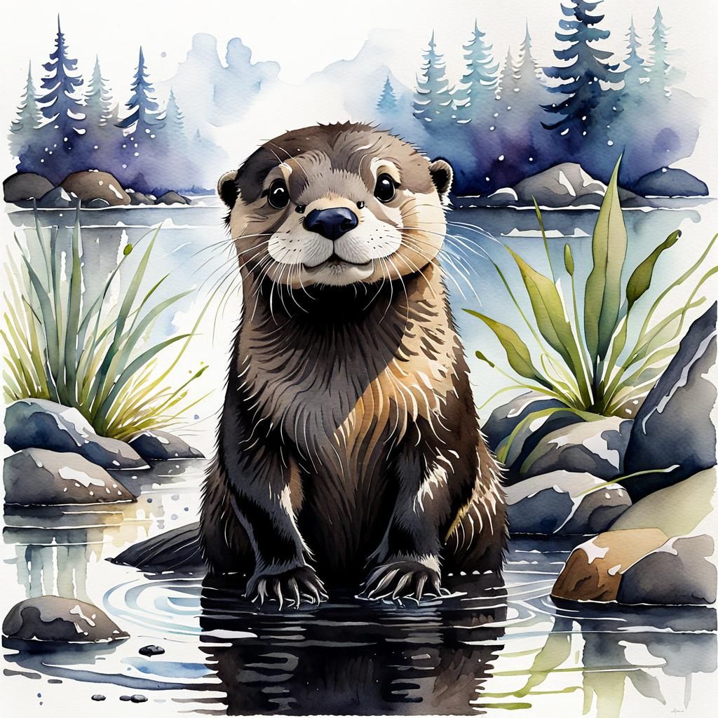 Cartoon Otter Watercolor Painting with Laughing Frogs