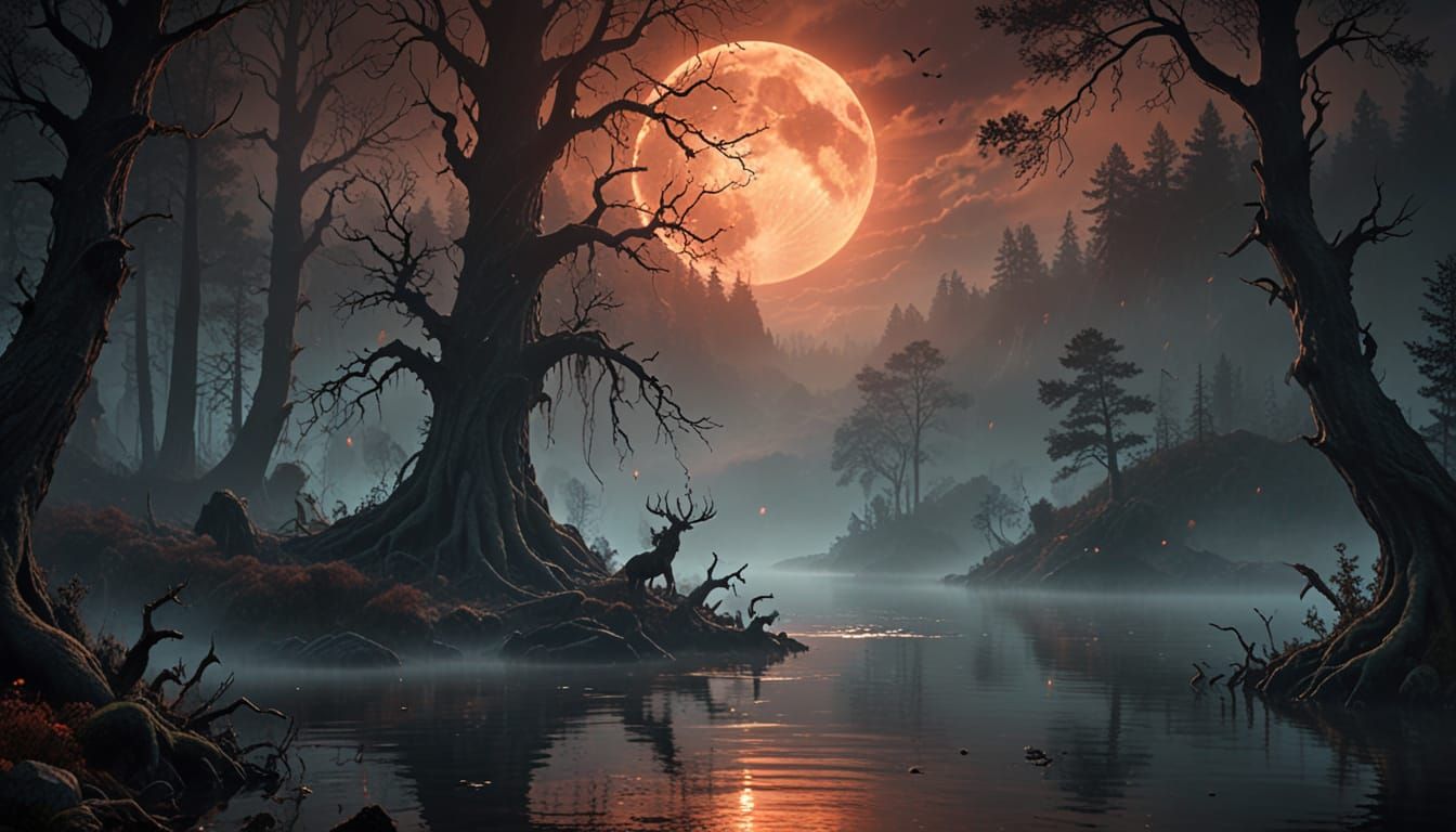 Mythological Night Landscape Under Blood Moon