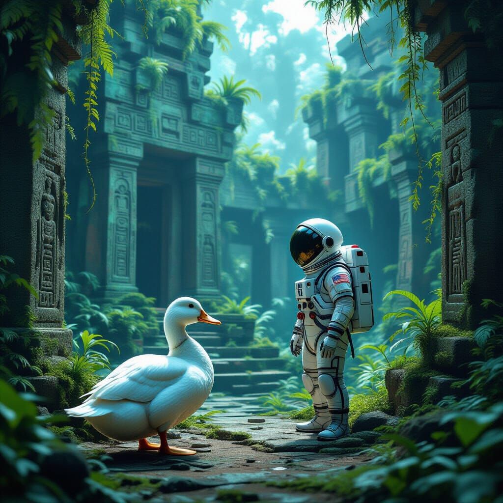 Duckling Astronaut Explores Alien Temple Ruins