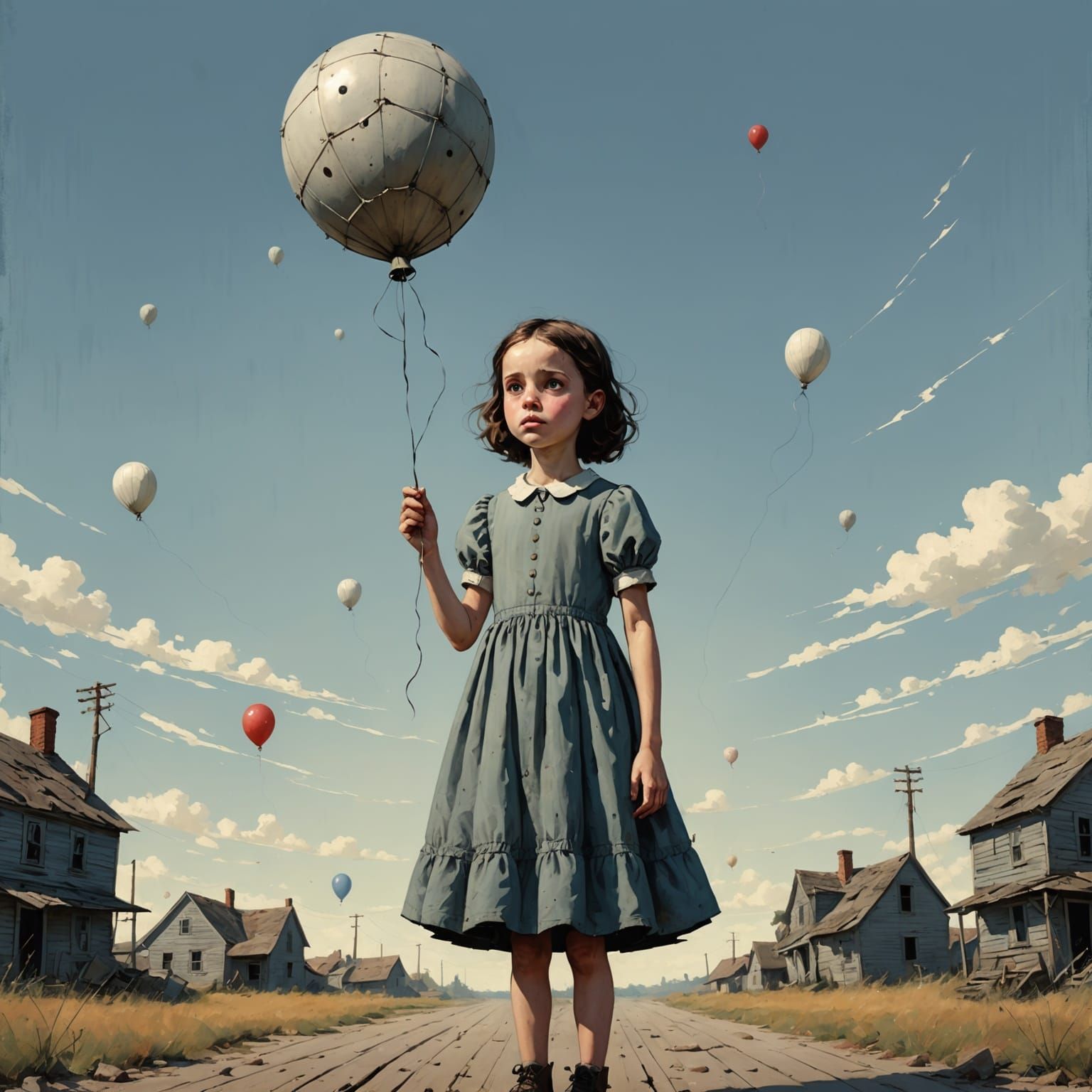 Somber Surreal Painting of Girl with Balloon