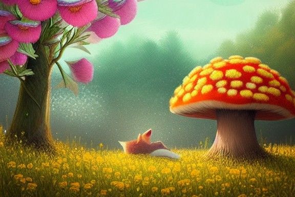 Botanical Night Scene with Sleeping Fox