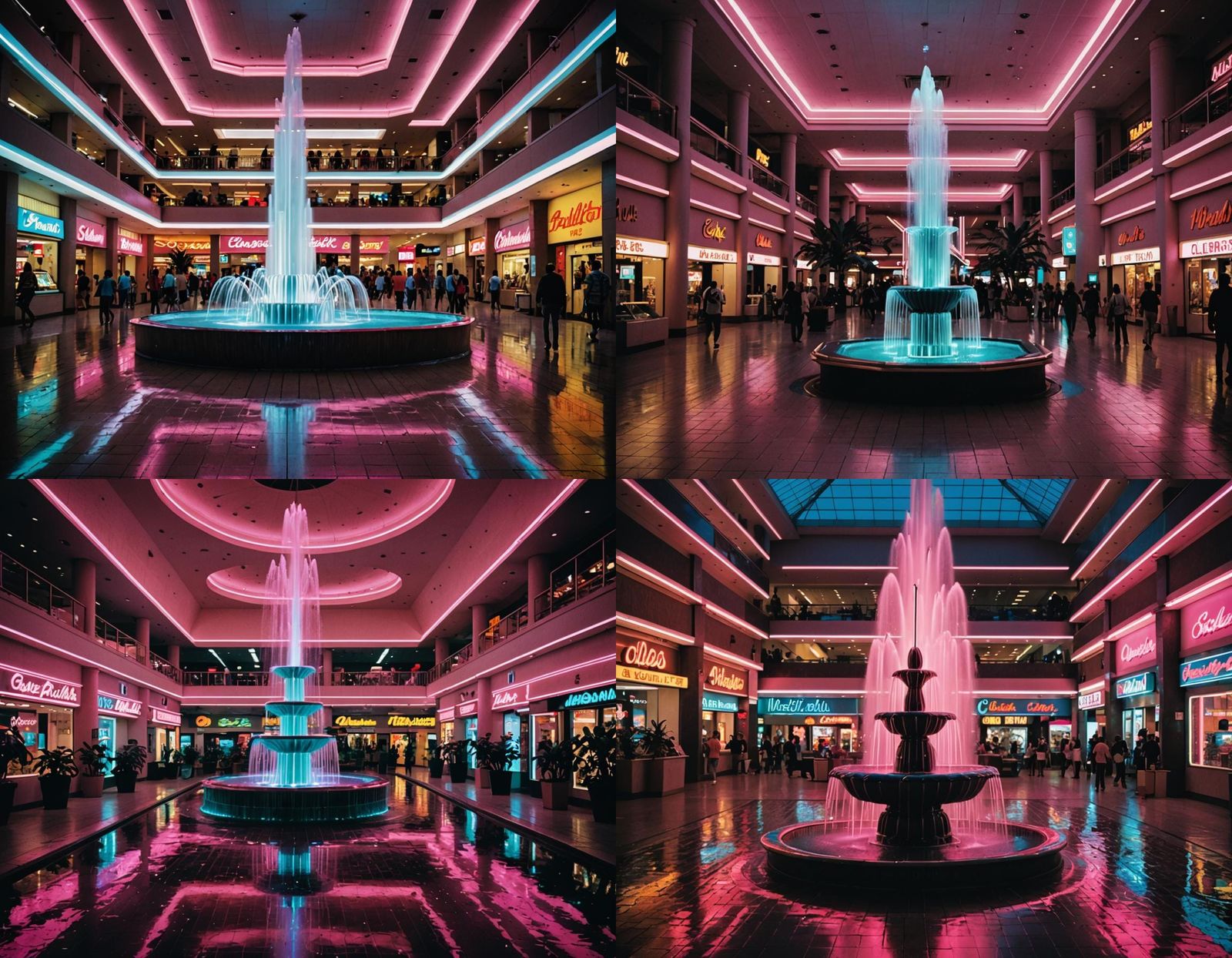 inside a neon 1980s mall with a neon fountain